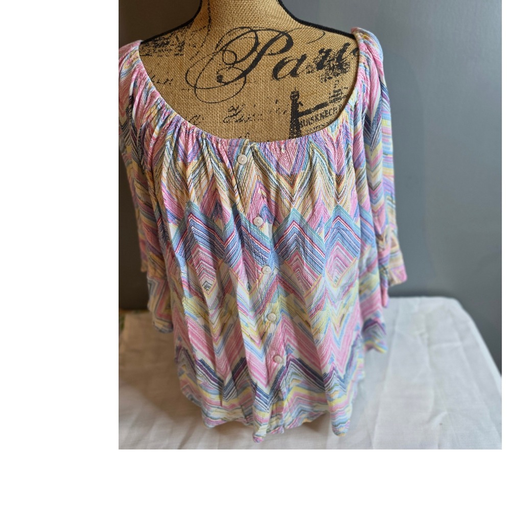 Zac & Rachel Woman Chevron Zigzag Button Front Blouse Multi-Color 1X